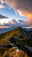 Mountain ridge path at sunset