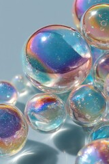 Close-up of iridescent bubbles with rainbow reflections against a soft light background