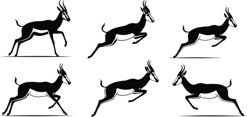 Graceful gazelle silhouettes running and leaping in motion sequence, elegant wildlife animal illustration for nature and speed concept, cad drawing flat vector illustration