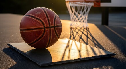 Close up of a worn basketball on a blacktop court at sunset, golden hour light casting long shadows of the basketball hoop net across the court surface.