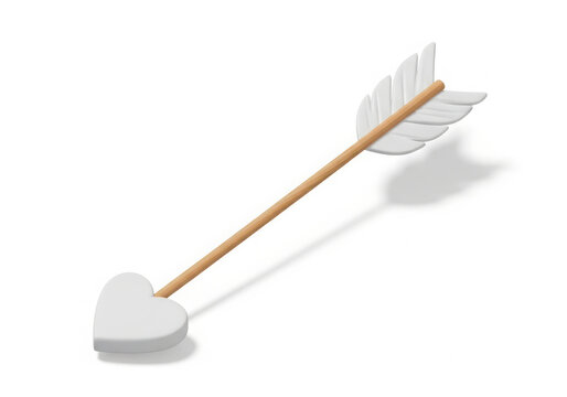 Cupids arrow with white heart tip and feathered tail on white background