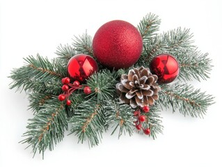 A festive Christmas arrangement featuring pine branches, cones, red berries, and shiny ornaments in gold and red tones on a white background.