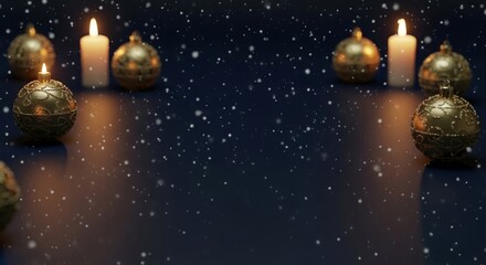 Fototapeta premium Festive golden ornaments and lit candles arranged symmetrically on a dark blue background with falling snow.