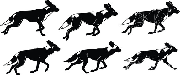Collection of african wild dog silhouettes in walking motion, wildlife illustration, endangered species artwork, safari animal study, cad drawing flat vector illustration