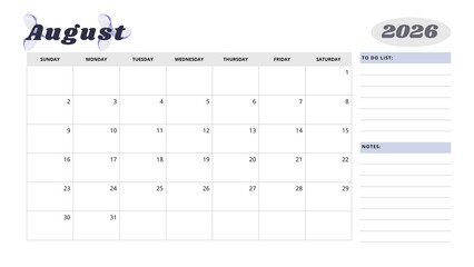Minimalist Simple 2026 Monthly Calendar -  Minimalist Simple August 2026 Monthly Calendar