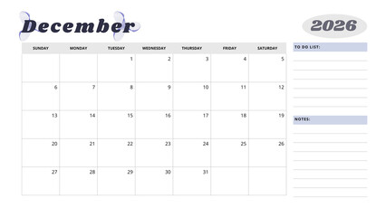 Minimalist Simple 2026 Monthly Calendar -  Minimalist Simple December 2026 Monthly Calendar