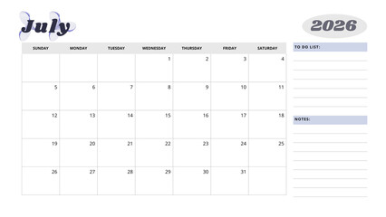 Minimalist Simple 2026 Monthly Calendar -  Minimalist Simple July 2026 Monthly Calendar