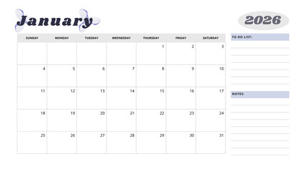 Minimalist Simple 2026 Monthly Calendar -  Minimalist Simple January 2026 Monthly Calendar