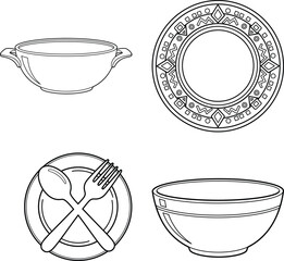 Four simple line drawings of tableware | line art illustration for simple coloring book