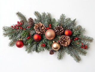 A festive Christmas arrangement featuring pine branches, cones, red berries, and shiny ornaments in gold and red tones on a white background.