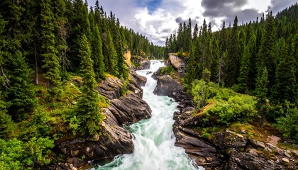 Mountain river rushing through a green forest canyon