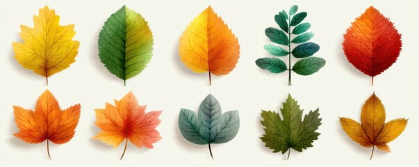 Obraz premium Colorful autumn leaves variations displayed in a clean vector illustration style