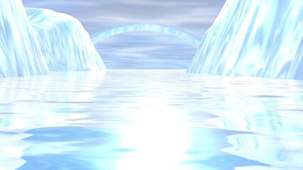 Surreal Frozen Canyon with Ethereal Rainbow Bridge Arching Over Calm Icy Waters in Mystical Digital Landscape