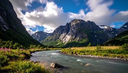 Mountain river valley, vibrant green, flowing water