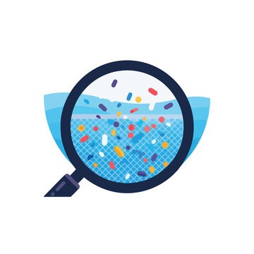 Magnifying glass examining colorful microplastics in water.