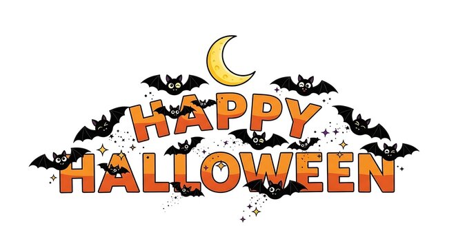 Happy halloween text with bats and moon isolated on white background