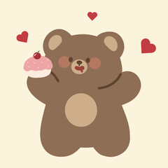 A little brown bear drooling while holding a dessert cake