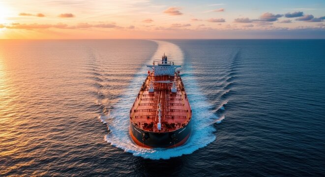 Large tanker ship sailing across the ocean at sunset - Powered by Adobe