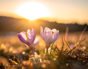 Two delicate purple and white crocus flowers bask in the golden light of the setting sun, with blurred mountains
