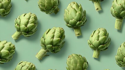 Fototapeta premium Several fresh green artichokes arranged on a mint green background. Concept Fresh artichokes, Mint green background, Still life photography, Green color palette, Food photography