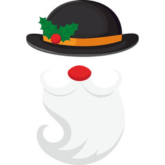 Cartoon Christmas Hat With Holly Berry And White Santa Beard With Red Nose And Black Bowler Hat Isolated On Transparent Background