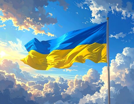 Digitally painted Ukrainian flag waving high against a bright, sunny sky filled with fluffy white clouds, conveying a sense of pride