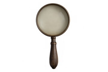 Vintage magnifying glass with wooden handle, representing search, knowledge, investigation, and discovery, transparent background
