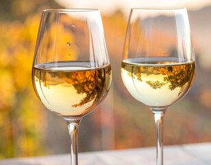 Two delicate stemmed glasses of golden white liquid are positioned outdoors, with a vibrant blurry autumnal background