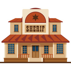 Cartoon Western Sheriff Building With Red Roof And Wooden Doors In A Wild West Town On A Transparent Background