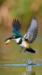 Obraz premium An avian predator in mid-flight, holding a fish it recently caught. The colorful plumage contrasts with the blurred background. Water splashes