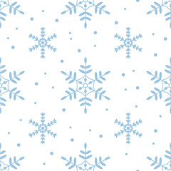 Blue snowflakes and dots on a white background. Seamless Christmas winter pattern, minimalist design
