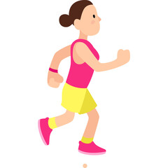 Cartoon woman in pink sleeveless shirt and yellow skirt running with athletic shoes on transparent background