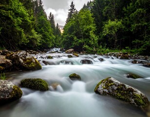 Mountain stream flowing over rocks, lush forest