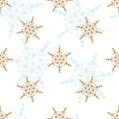 Christmas, snowflakes. Seamless vintage pattern. Winter background with blue and gold snow