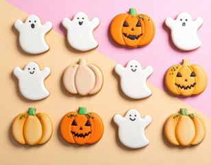 Delicious Halloween cookies with ghosts and pumpkins on a colorful background