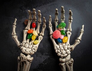 Skeleton hands holding colorful candies on a dark background for Halloween
