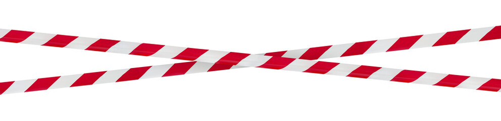 Red and white barrier warning tape cross isolated on white background