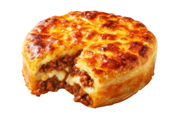 Mince and cheese pie with golden brown crust, mashed potato and melted cheese topping, isolated on white transparent background, concept of New Zealand fast food
