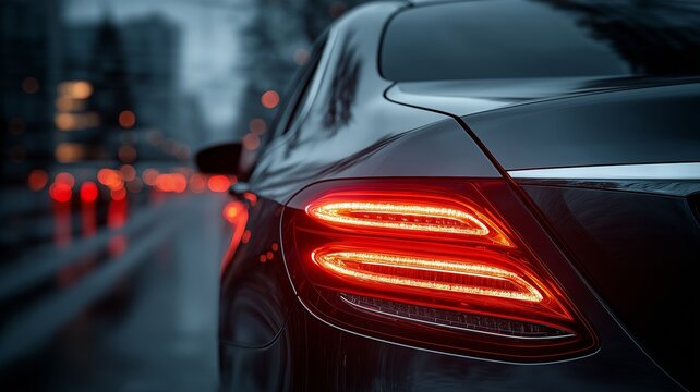 The LED taillights in this stunning macro image have a sleek back design and flash red against a hazy cityscape.