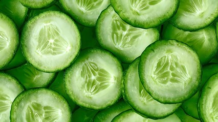 Round cucumber slices with visible seeds, a close-up. Concept Cucumber Close-Up, Round Slices, Visible Seeds, Fresh Produce, Green Texture
