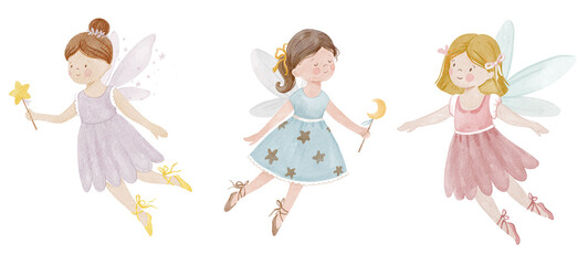 Watercolor seamless pattern with cute fairies, unicorns, and stars. Perfect for girls textiles, nursery bedding, wallpaper, and magical room decor.