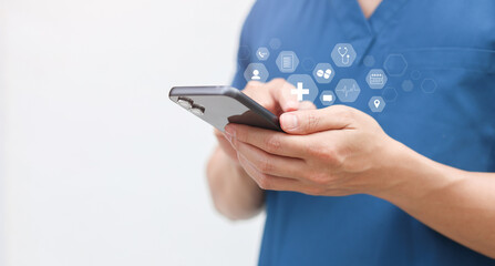 close up specialist doctor man hand hold smartphone to use program of telemedicine with virtual icon of medical for modern an innovation of healthcare technology concept