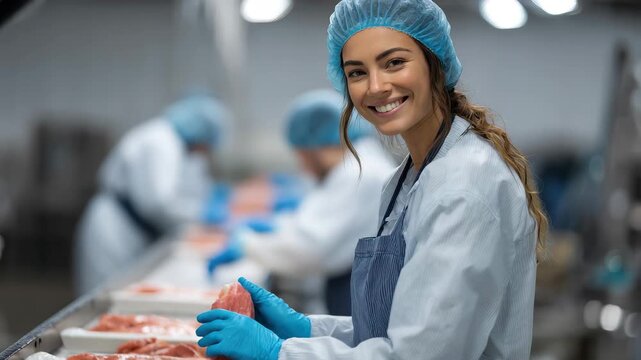 Food processing plant worker packages fresh salmon in a modern facility during daytime operations