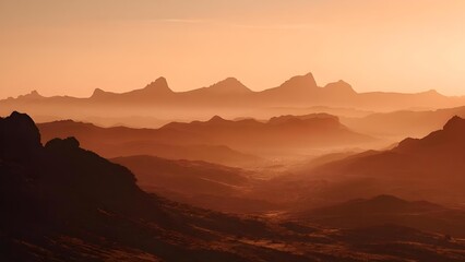 Desert landscape with distant ridges and rock formations bathed in a hazy orange sunset. Concept Desert Landscape, Distant Ridges, Rock Formations, Hazy Orange Sunset, Golden Hour Glow