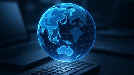 Digital globe technology network connection concept with laptop keyboard communication for people in dark background glowing earth hologram office environment - Powered by Adobe
