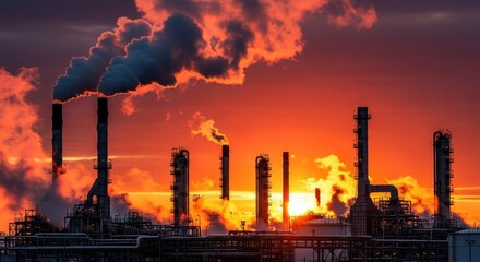 Industrial plant emitting smoke pollution during a dramatic sunset