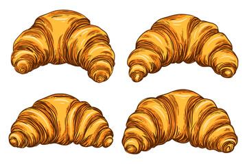 Set of creamy flaky French croissants. Vector isolated illustration in sketch line style