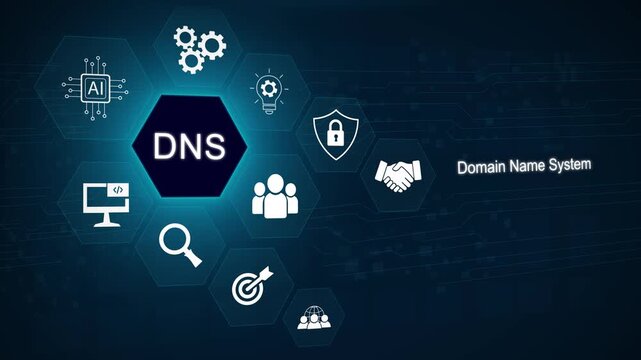 DNS domain name system and web server network system concept. A person uses a laptop, with DNS and web network icons representing domain name system, 3D dark blue background 4k animation