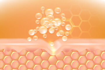 Hyaluronic acid and Niacinamide hair and skin solutions ad, gold collagen serum drops into skin cell with cosmetic advertising background ready to use, illustration vector.	