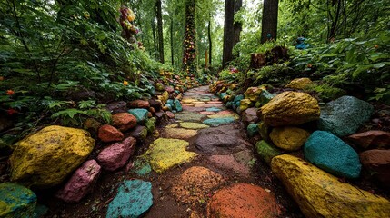 Colorful Rocks and Painted Earth Path in a Lush Forest: A Vibrant Natural Trail